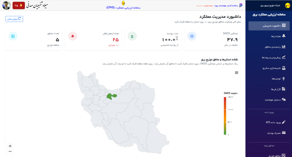 داشبورد EPMS پویانا هوش مصنوعی سامانه گستر هوشمند پویا